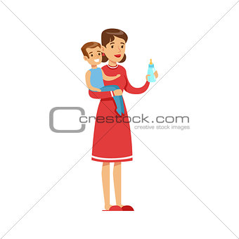Woman Housewife Holding A Young Kid In Arms Preparing Him A Bottle, Classic Household Duty Of Staying-at-home Wife Illustration
