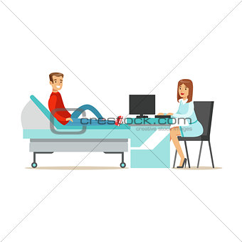 Doctor Collecting Medical History Of A Patient With Computer, Hospital And Healthcare Illustration