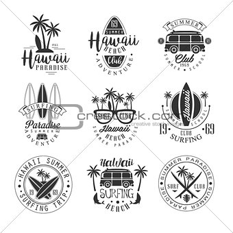 Hawaiian Beach Surfing Vacation Black And White Sign Design Templates With Text And Tools Silhouettes