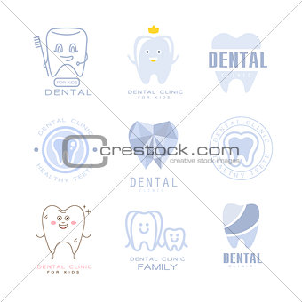 Kids Dental Clinic And Dentist Cabinet Set Of Label Templates In Different Creative Styles And Light Blue Shades