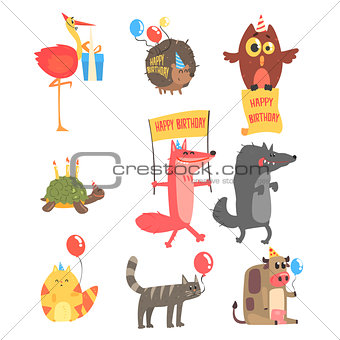 Funky Animals With Party Attributes At The Kids Happy Birthday Celebration Set Of Cartoon Fauna Characters