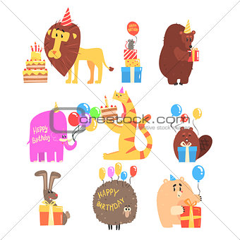 Funky Animals With Party Attributes At The Kids Happy Birthday Celebration Collection Of Cartoon Fauna Characters