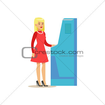 Bank Visitor Using ATM Cash Machine. Bank Service, Account Management And Financial Affairs Themed Vector Illustration