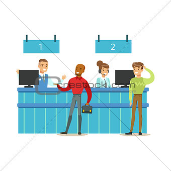 Client Service Counter With Bank Visitors And Workers. Bank Service, Account Management And Financial Affairs Themed Vector Illustration