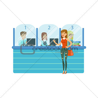 Three Bank Operators In Glass Cubicles And Woman Client. Bank Service, Account Management And Financial Affairs Themed Vector Illustration