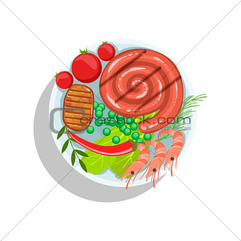 Rolled Sausage, Beef Steak And Shrimps, Oktoberfest Grill Food Plate Illustration