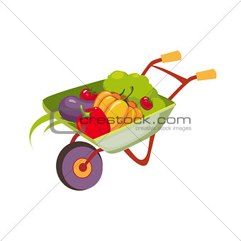 Fresh Vegetables Harvest In Wheel Barrel, Farm And Farming Related Illustration In Bright Cartoon Style
