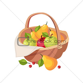 Fresh Garden Fruit Harvest In Wicker Picnic Basket, Farm And Farming Related Illustration In Bright Cartoon Style