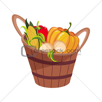 Fresh Vegetables Harvest Set In Wooden Bucket, Farm And Farming Related Illustration In Bright Cartoon Style