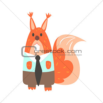 Squirrel In Office Clothes With Tie, Forest Animal Dressed In Human Clothes Smiling Cartoon Character