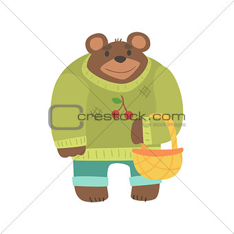 Brown Bear In Sweater With Wicker Basket, Forest Animal Dressed In Human Clothes Smiling Cartoon Character