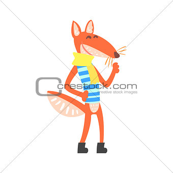 Fox In Stripy Sleeveless Marine Top And Scarf, Forest Animal Dressed In Human Clothes Smiling Cartoon Character