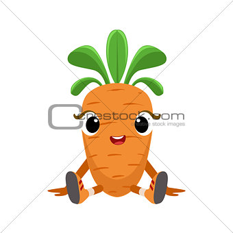 Big Eyed Cute Girly Carrot Character Sitting, Emoji Sticker With Baby Vegetable