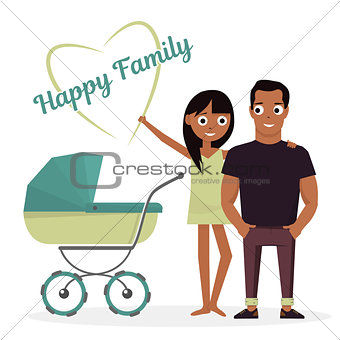 Mother and father with baby stroller. Vector illustration isolated on white background of happy family newborn child.