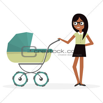 Mother with baby stroller. Cartoon illustration young woman and pram.