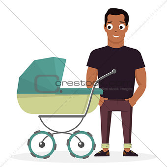 Young father with a baby carriage on the background of white.