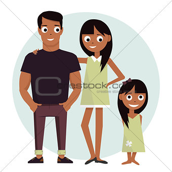 Mom and dad with daughter. Vector illustration isolated on white background happy family.