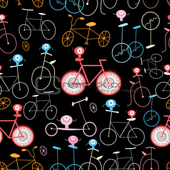 Seamless graphic pattern of funny retro bicycle