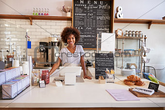 Smiling waitress behind the counter at a coffee shop