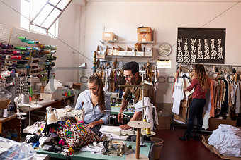 Machinist and colleagues working at a clothing design studio