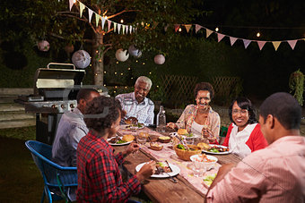 Adult black family enjoying dinner together in their garden