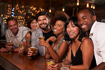 Young adult friends by the bar at a party looking to camera