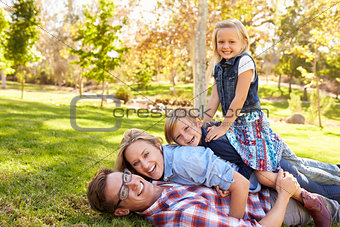 Family piled on top of each other in a park look to camera