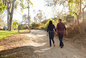 Mixed race couple walking in a park holding hands, back view