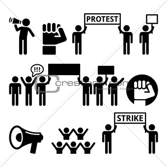 Protest, strike, people demonstrating or fighting for their rights icons set