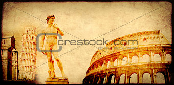 Grunge background with paper texture and landmarks of Italy 