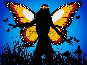 Fairy queen silhouette with butterfly wings