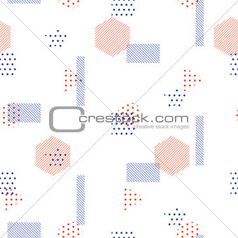 Memphis style vector seamless pattern with geometric shapes.