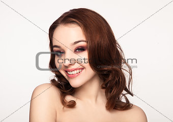 Beautiful woman girl evening makeup curly hair