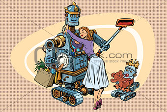 Vintage retro family, dad robot wife and child