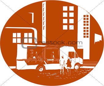 Food Truck City Buildings Oval Woodcut