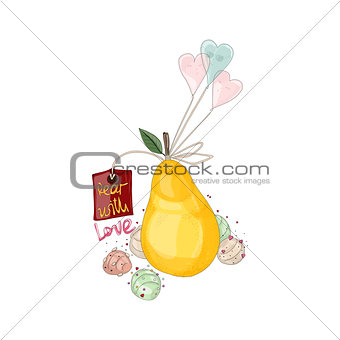 Pear with ice cream and balloons.