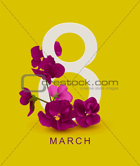 March 8 greeting card template. Violet flower on yellow background