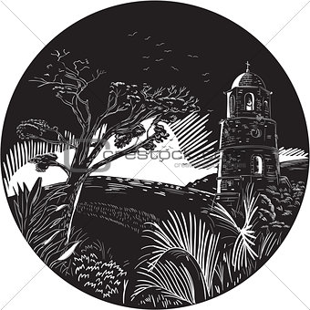 Belfry Tower On Hill Trees Circle Woodcut