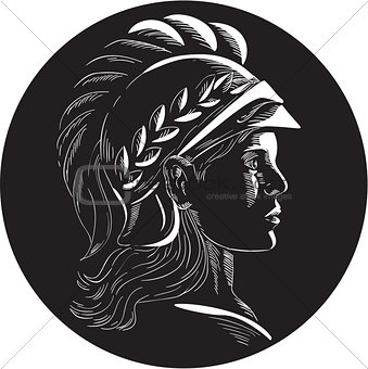 Minerva Head Side Profile Oval Woodcut