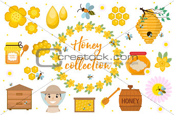 Honey collection. Beekeeping set of objects isolated on white background. Apiculture kit of design elements flat, cartoon style. Vector illustration, clip-art.