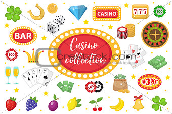 Casino Collection. Gambling set isolated on a white background. Poker, card games, one-armed bandit, roulette kit of design elements. flat style. Vector illustration, clip art.