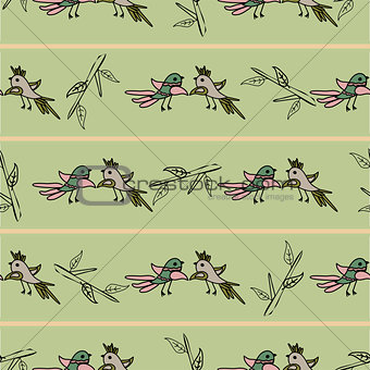 Tree with cute colorful birds seamless pattern background