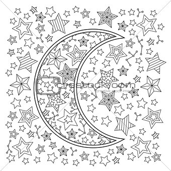 Contour image of moon crescent and stars in zentangle inspired doodle style. Square composition.