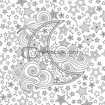 Contour image of moon crescent clouds, stars in zentangle inspired doodle style. Square composition.