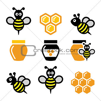 Bee and honey, honeycomb vector icons set