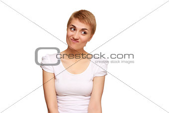 portrait skeptical, upset young woman looking suspicious, disgust on face, mixed disapproval, isolated white background. Negative human emotion, facial expression, feeling, attitude