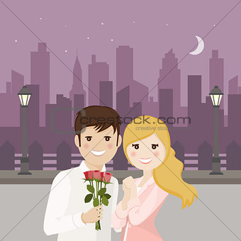 Couple of lovers on a romantic date with night square background