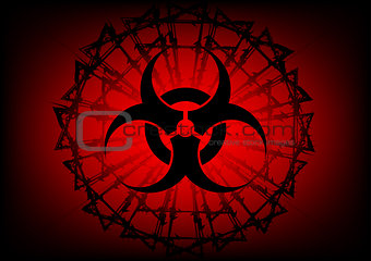 biohazard symbol and  barbed wire on red background