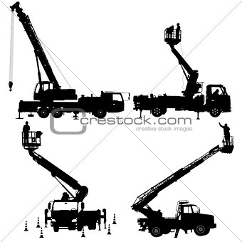 Set electrician, making repairs at a power pole. Vector illustration