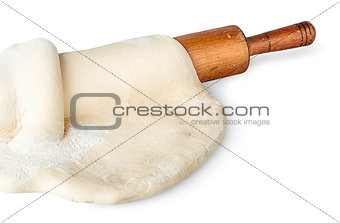 Closeup rolling pin covered with dough